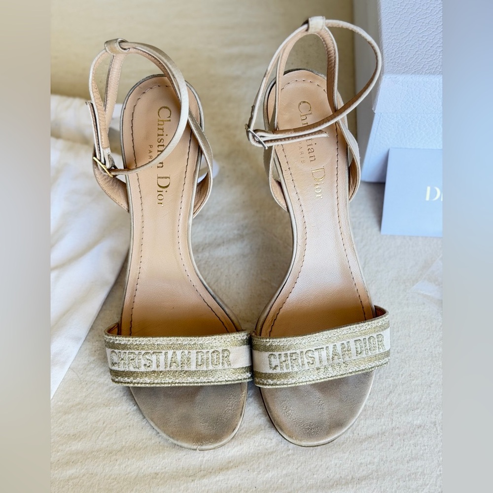 Christian Dior Strap Sandals Heels Nude Gold 37.5 With Box & Dust Bag